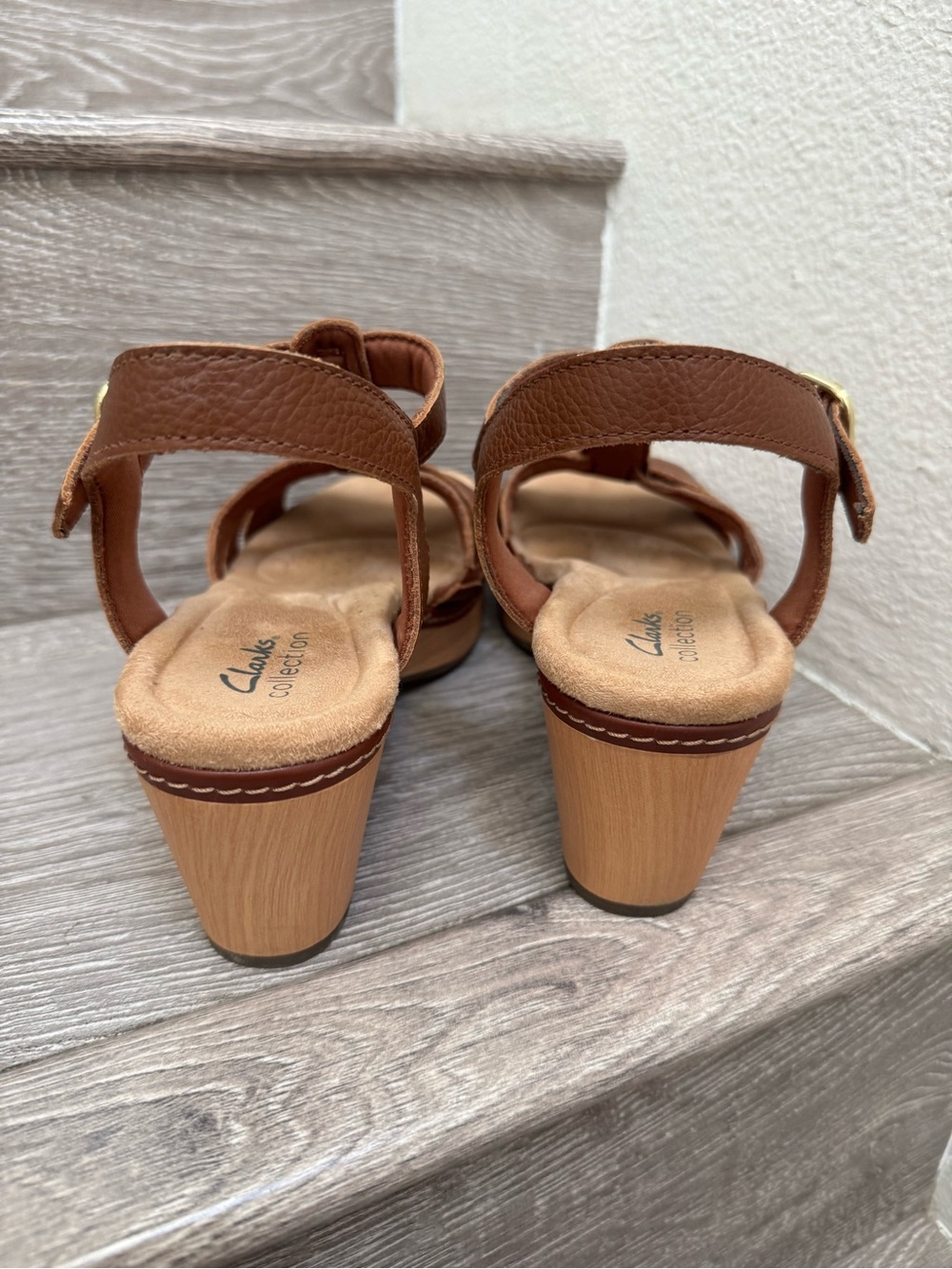 Clarks Brown Nautical Leather T-Strap Comfort Wedge Sandals Beachy Old Money - Picture 7 of 11